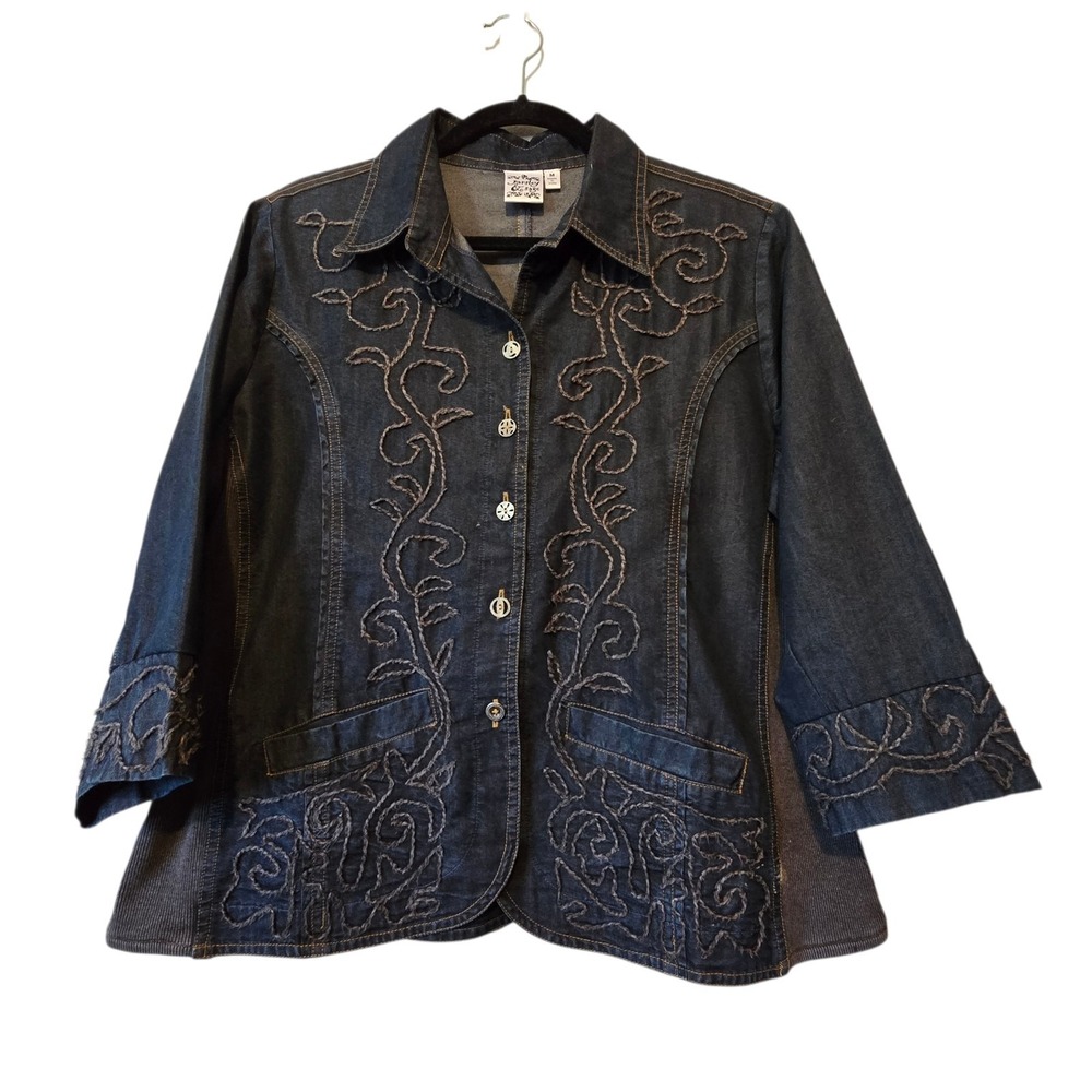 Parsley Sage Embroidered Denim Jacket Women's MED Blue Art‎ To Wear Boho Western